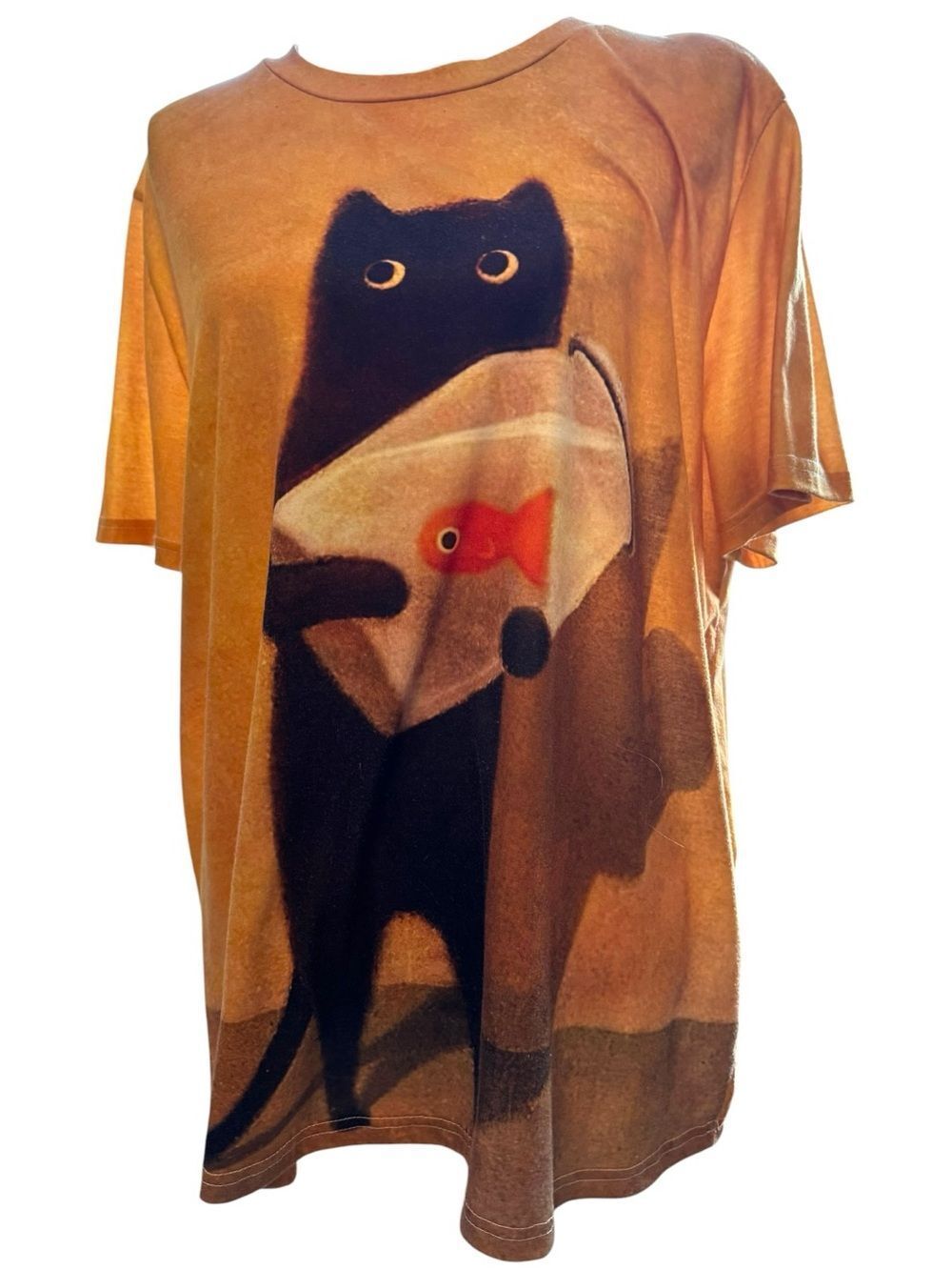 Cute Black Cat Holding Fish Graphic T-Shirt Oversized 2XL Kawaii Tee - Picture 2 of 9